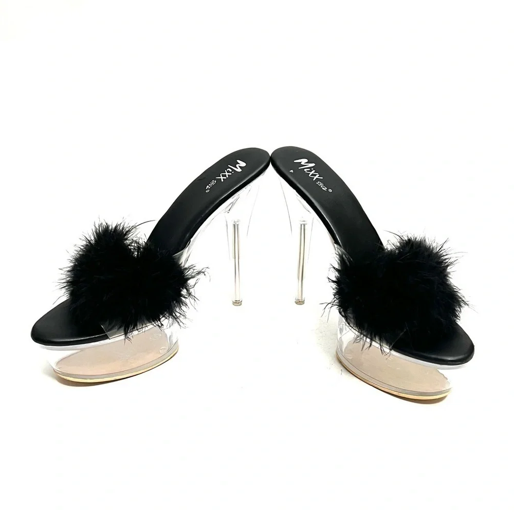 Vintage 1990s black marabou feather see thru plastic platform stripper heels